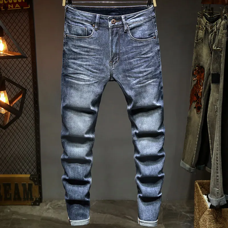 Newly Street Fashion Men Jeans High Quality Retro Blue Elastic Vintage Designer Slim Jeans Men Korean Style Casual Denim Pants