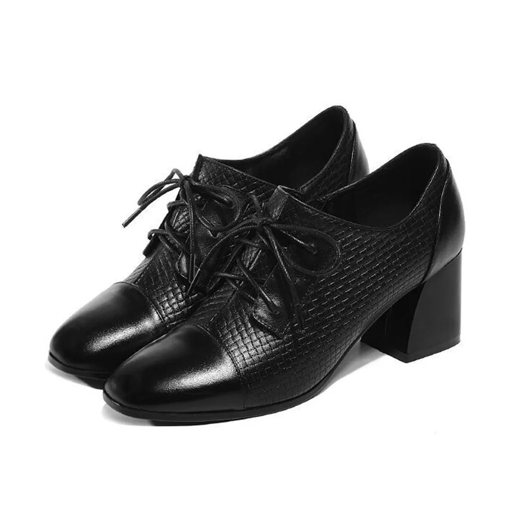 Кожаные туфли Женские черные на квадратном каблуке Повседневные туфли-лодочки