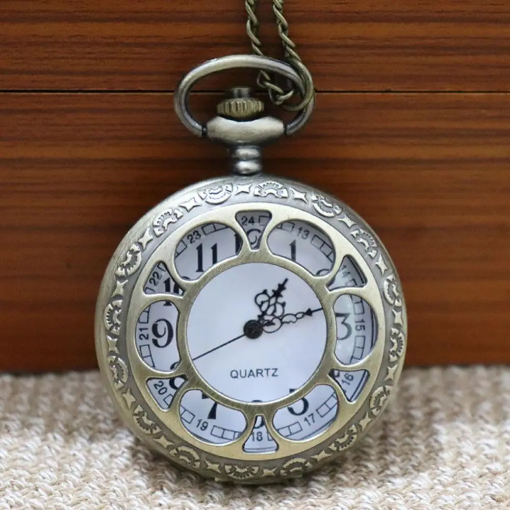 

Unisex Hollow Flower Round Dial Arabic Roman Numerals Chain Quartz Pocket Watch