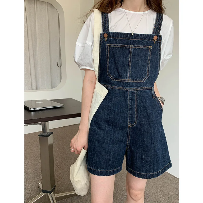 High waisted button-down pocket suspenders for women's summer 2021 simple casual wash jean shorts