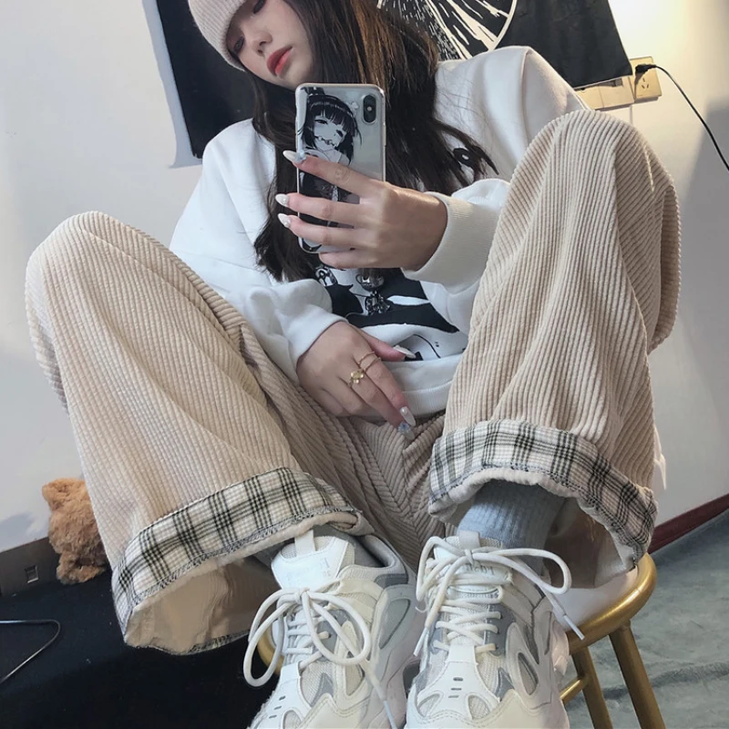 Винтажные женские вельветовые брюки JMPRS обжимные клетчатые широкие с эластичным