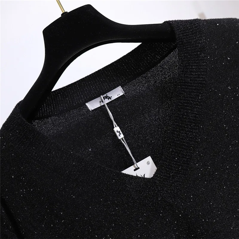 Hodisytian Ins Fashion Women Knitted Sweater Dress Bling Casual V neck Loose Chic Tunic Female Sueter Mujer Plus Size 6XL | Женская