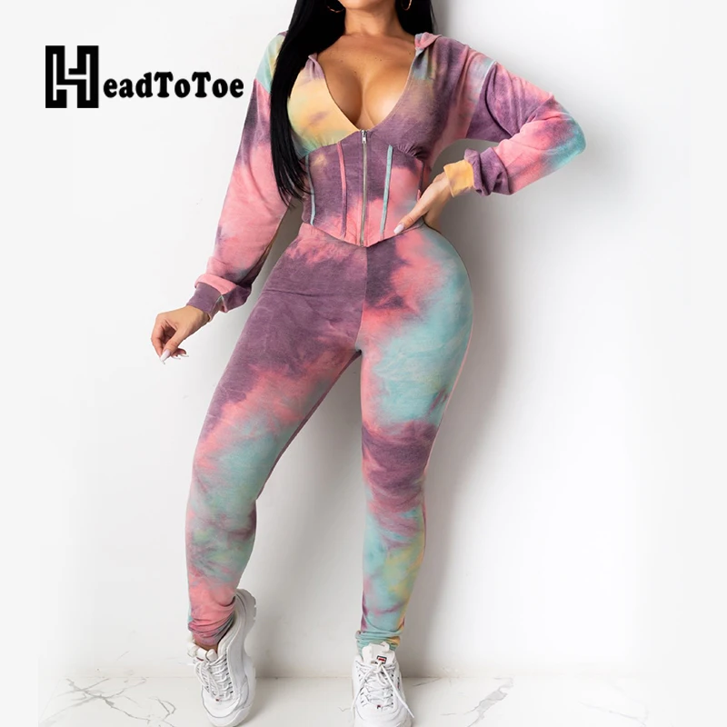 

Женская Повседневная Спортивная Женский комплект 2 шт. с длинными рукавами и капюшоном, с принтом в виде галстука-красителя и застежкой-кара...