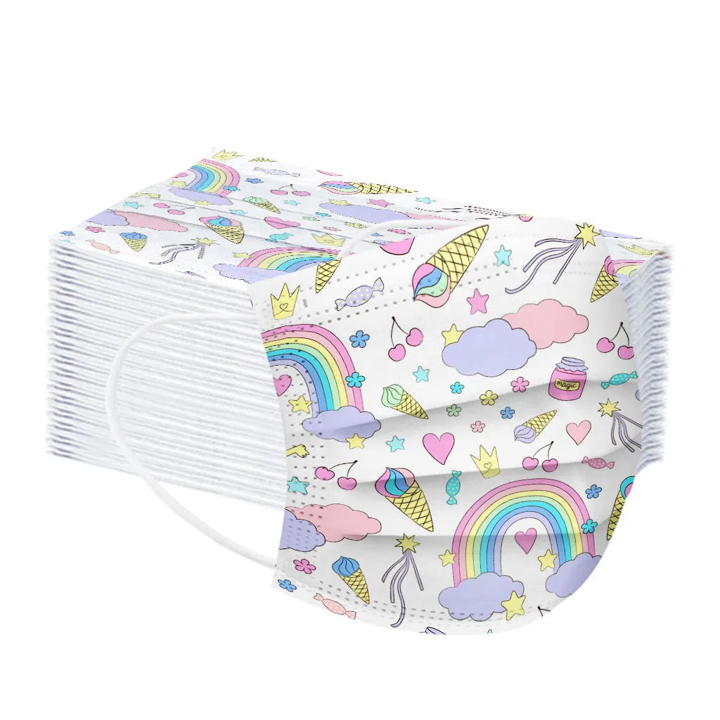 

50pc Children's Face Masks Disposable Face Mask Halloween Rainbow Dinosaur Print Mixed 3ply Ear Loop Mouth Masks Mascarilla