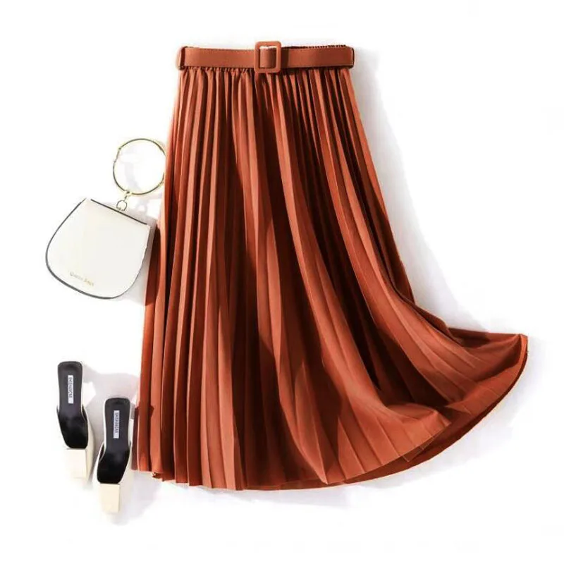 

Rero Vintage Student Women Casual Pleated Skirt 2021 Spring And Autumn Solid High Waist Belt A-Line Elegant Office Long Skirt