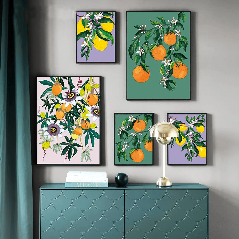 

Fruit Lemon Orange Vintage Posters And Prints With Blossom Flowers Wall Art Canvas Painting Wall Pictures Kitchen Home Decor