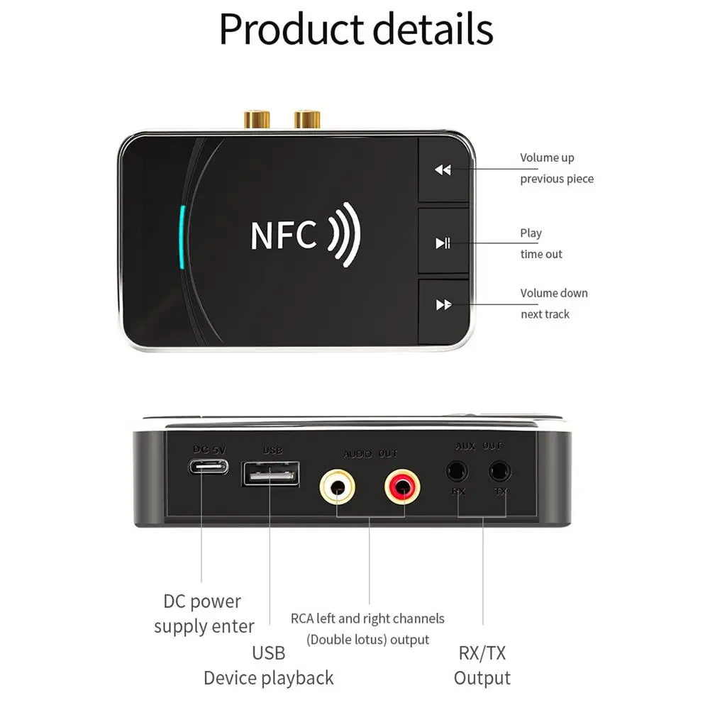 NFC Bluetooth-совместимый аудиопередатчик 5 0 приемник 2RCA 3 мм Aux разъем USB-ключ