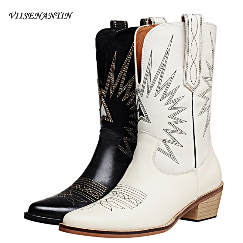 

Embroidered retro short boots women's pointed toe thick heel mid-tube boots ethnic style loose western cowboy boots women