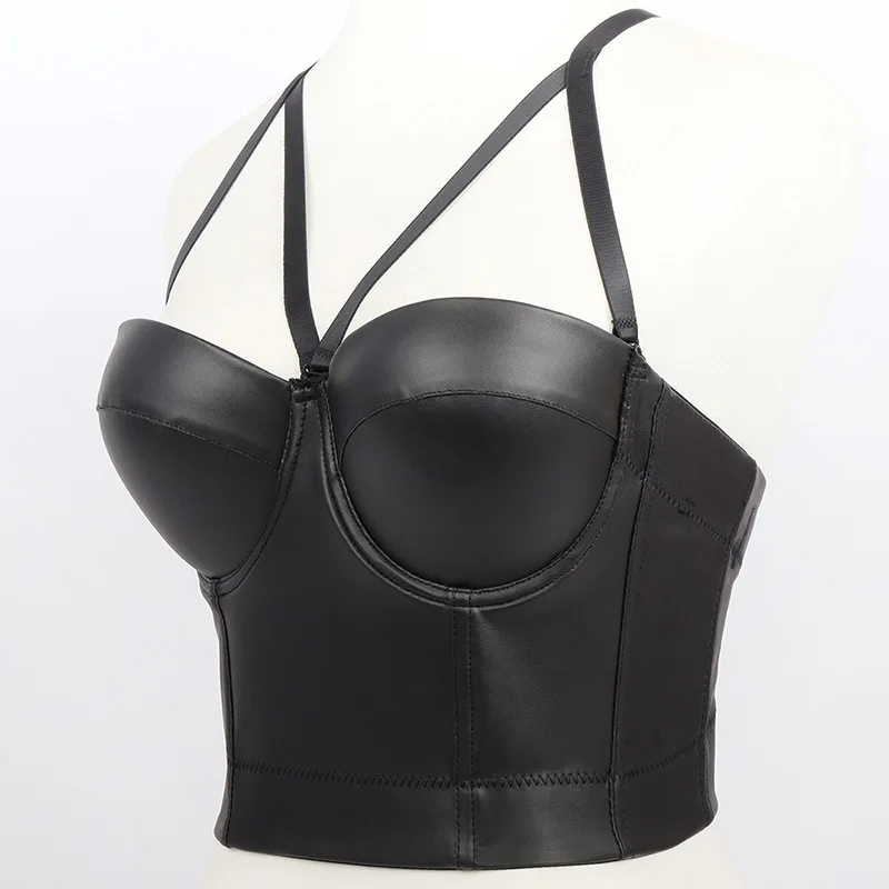 Wriufred PU leather sling tube top bra women large size bralette hollow out sexy underwear women's slim evening gown lingerie