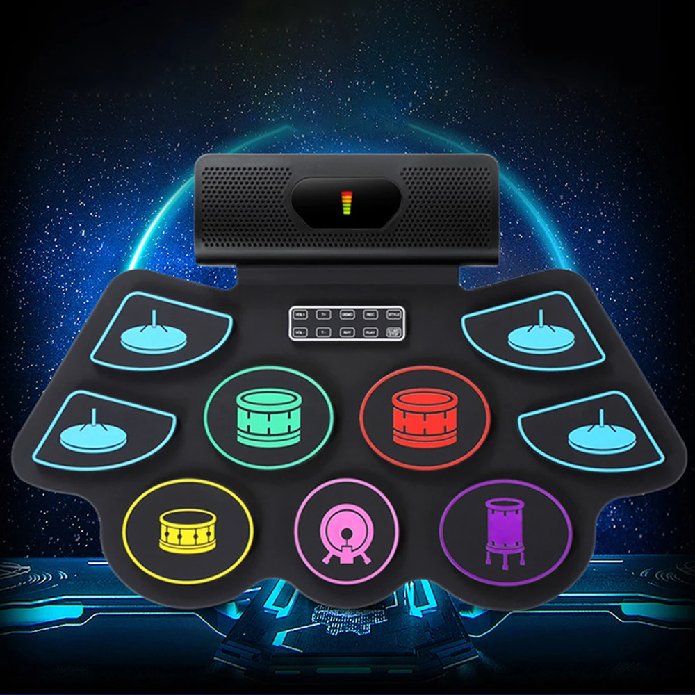 

Electronic BT Roll-Up Drum Set 9 Volumes Speed Adjustable Silicone Drum Pads with Tone Tuning and Recording Function