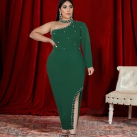 plus size dress elegant long women sexy one shoulder irregular sleeve green beading bodycon slit evening party event outfits