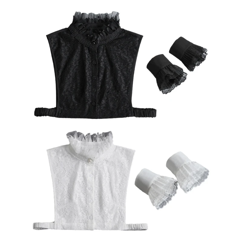 

Women 2pcs False Collar with Faux Sleeves Wristband Set Pearl Ruffled Half Shirt