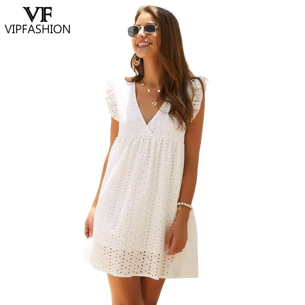 

VIP FASHION Elegant Solid Color Women White Dress Sexy V-neck Lace Hollow Out Female Streetwear Holiday Party Casual Dresses