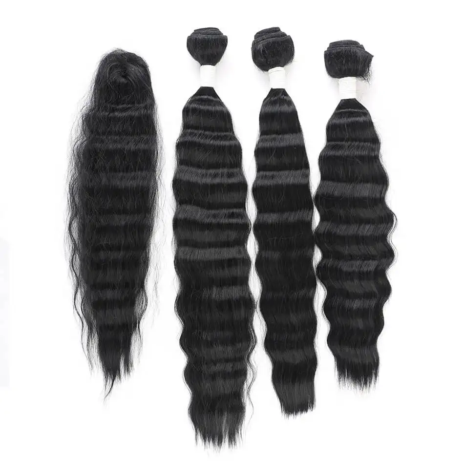 Black Синтетические пучки волнистых волос 1"-20" 1B# для наращивания волос 3 шт. с 1 шт. верхнее кружево Закрытие - Цвет: Black