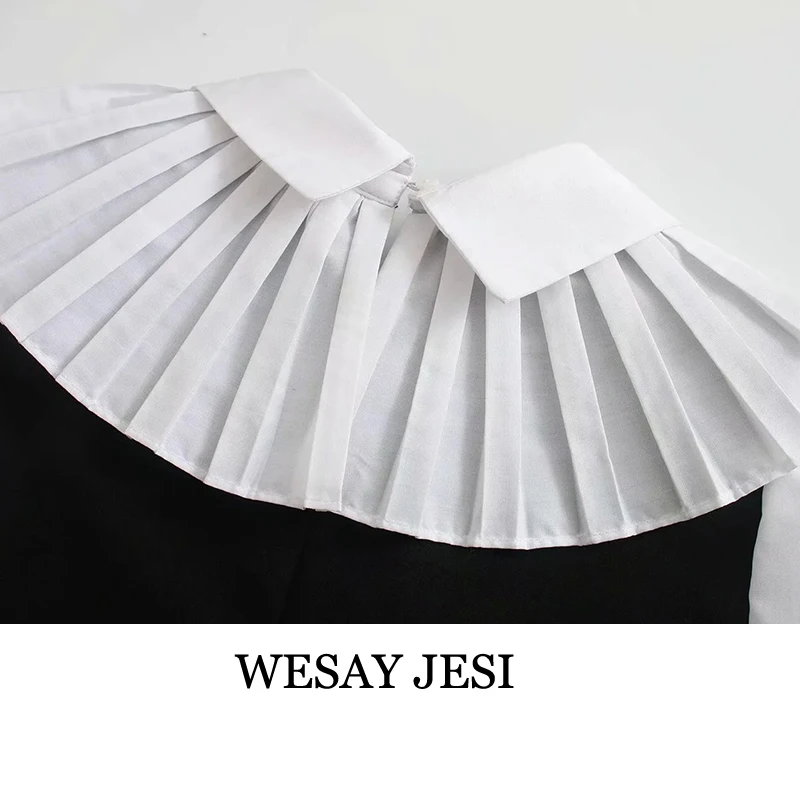 

WESAY JESI Women Sweet Bow Decoration Black White Patchwork Smock Blouse Office Ladies Pleated Casual Shirts Chic Blusas Tops