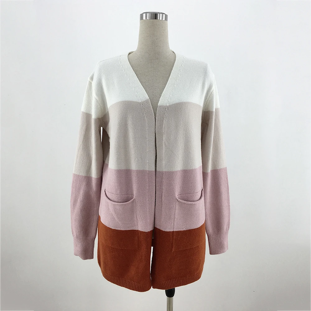 

Women's Striped Cardigan Sweaters Fall Fashion Casual Long Sleeve Patchwork Knitted Outerwear Sweater Coats with 2 Pockets
