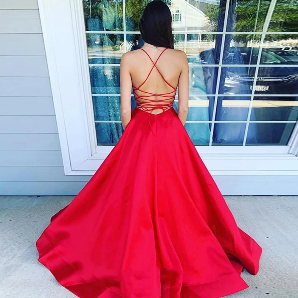 

V-Neck Backless Prom Dresses Long 2021 Red A-Line Pockets Elegant Sexy Evening Dress Spaghetti Vintage robe de soire de mariage