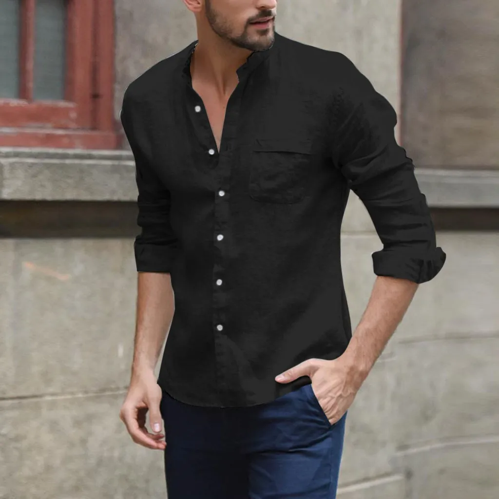 

Men's Shirts Summer Casual Baggy Cotton Linen Solid Shirts Male Long Sleeve Button Pocket Shirts Mens Tops Chemise Homme 2020