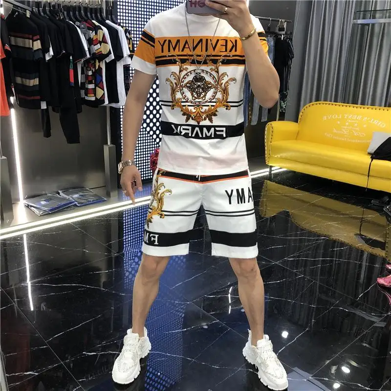 

Men's suit summer short sleeve shorts five summer hot drill T-shirt spirit guy ice silk set of summer clothes
