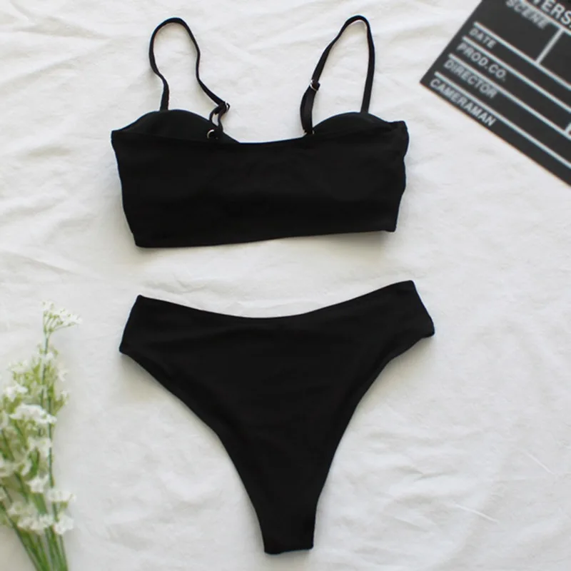 

Summer 2021 Women Swimsuit Solid Color Ladies Split Bikini Set Cross High Waist Swimwear Set