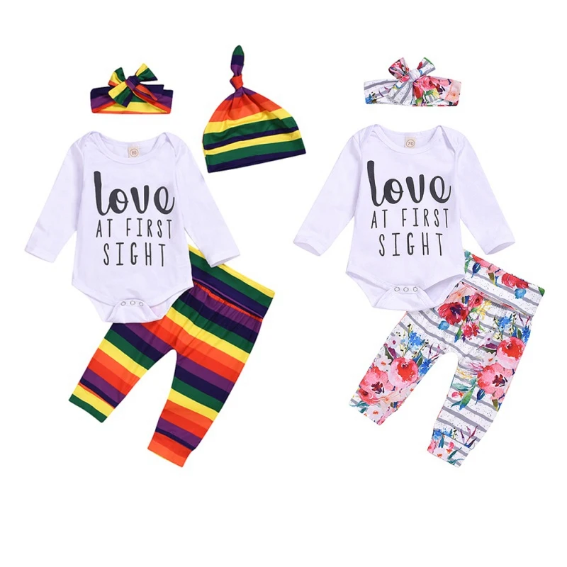 

New Baby Girl Clothes Long Sleeve Letters Romper Tops Flower Pants Headband Hat 3pcs/4pcs Outfits Baby Clothes