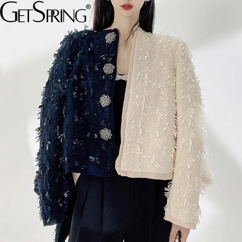 

GetSpring Женское пальто Винтажное с цветами на пуговицах тканая короткая женская куртка ретро с длинным рукавом подходящие ко всему женские то...