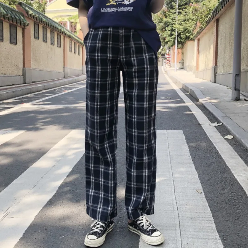 Длинные брюки 2021 прямые свободные для отдыха Женские клетчатые ретро Брюки с