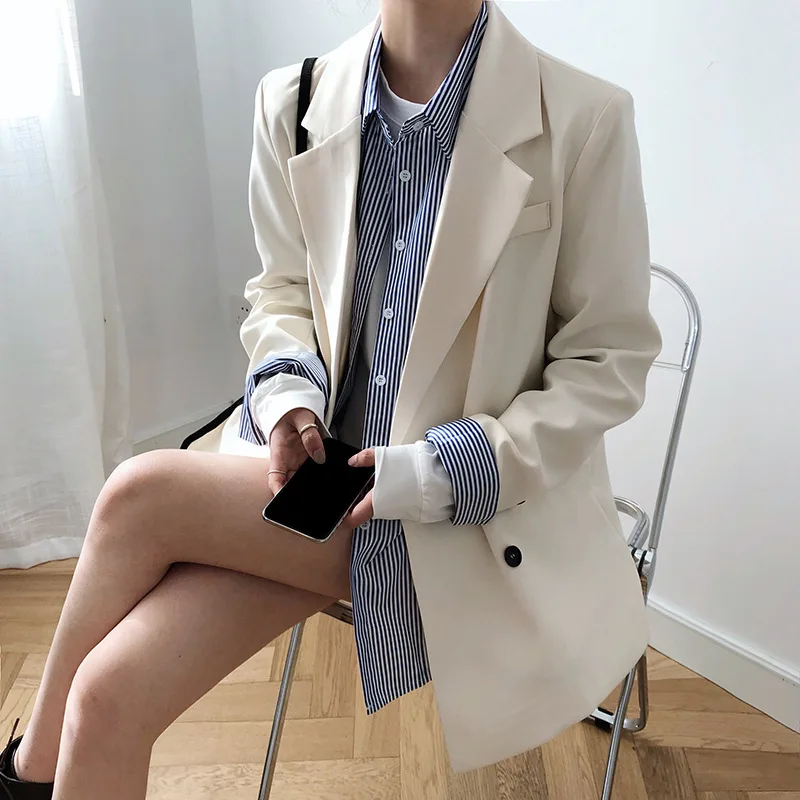 

Korean Women Beige Blazer Casual Notched Collar Long Sleeve Autumn 2021 Female Suit Jacket Loose Double Breasted Vetement Femme