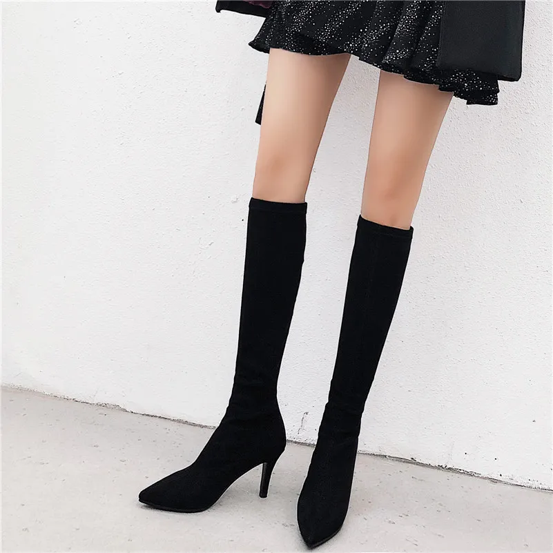 

ANNYMOLI Winter Knee High Boots Women Flock Stiletto High Heel Tall Boots Slim Zipper Pointed Toe Shoes Female Autumn Size 34-39