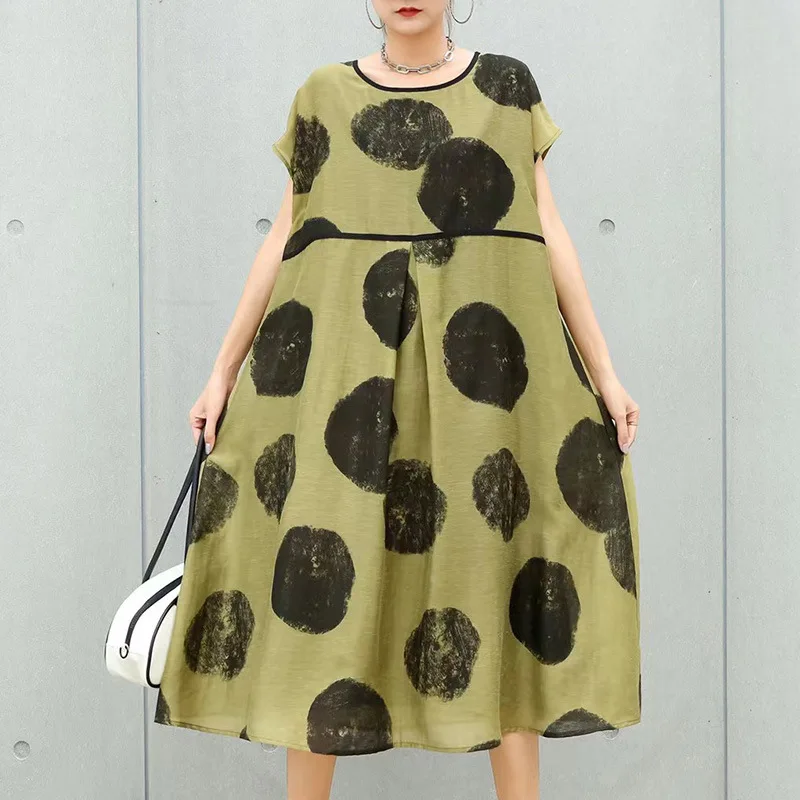 

Women Polka Dots Printed Dress 2021 Summer Mid-length Tencel Dress Plus Size Loose Casual Round Neck Female Elegant Beach Dress