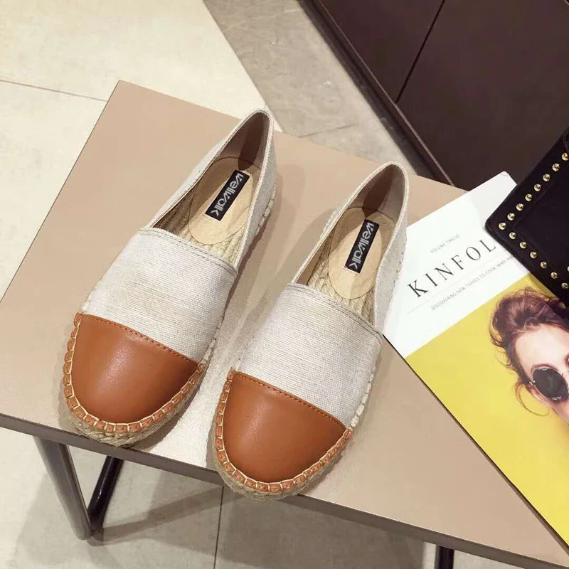 Коричневый Fashion Hemp Loafers Women Espadrilles Flats Shoes Sewing Rhinestone Round Toe Ladies Casual Moccasins Slip On Brand Style New - Цвет: Коричневый