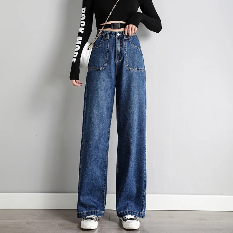 

Wide Leg Jeans Women Pockets Loose Streetwear Hip-Hop Harajuku Womens Unisex BF Couples Trousers All-match Chic blue trousers