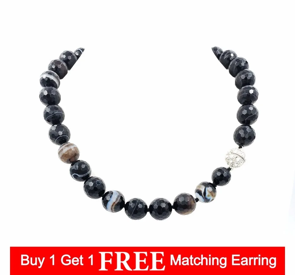 

Ожерелье LiiJi с уникальным натуральным камнем Черный Коричневый Оникс Агат 13 мм круглой формы граненые бусины с магнитной застежкой ожерелье 18 дюймов модное ожерелье