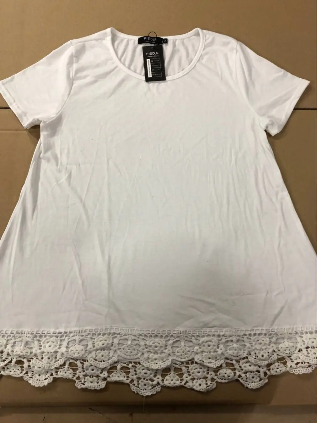 Women Short Sleeve T-shirt Casual Loose Round-neck Blouse Bottoming with Lace Stitching Decor Girls Solid Color Tops | Женская одежда