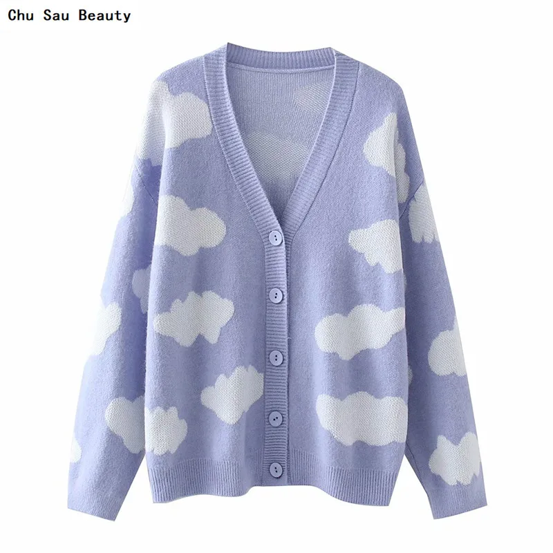 

2021 Women's New Fashion Cloud Cardigan Sweater Ladies Spring & Autumn Single-Breasted V-Neck Long Sleeve Loose Jacket
