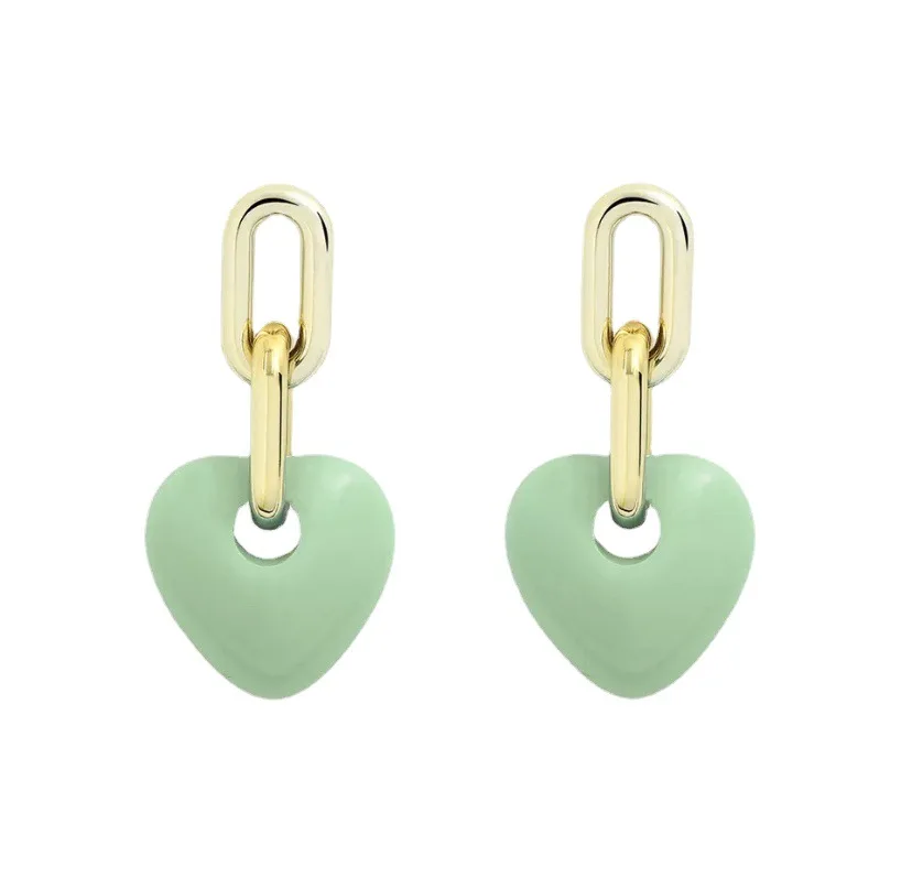 

Fashion Double Twisted Chain Big Acrylic Peach Heart Vintage Geometric Dangle Ear ring for Girl Women 925 Silver Needle Ear Stud
