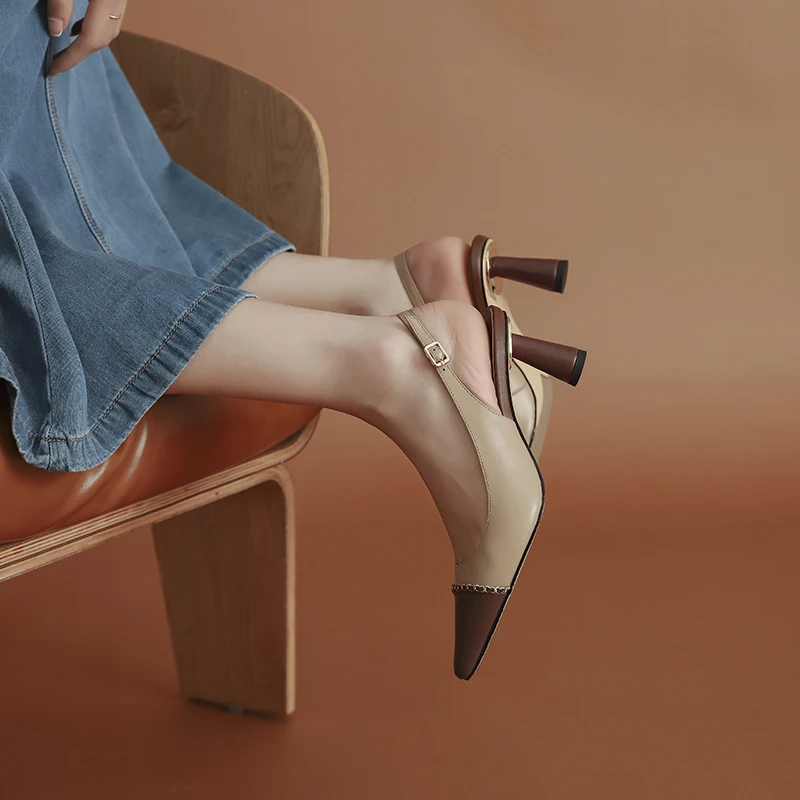 

QUTAA 2021 Mixed Color Genuine Leather Female Pumps Metal Pointed Toe Back Strap Sandals Thick High Heel Women Shoes Size 34-39