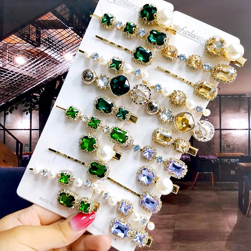 

New Set Women Hair Clips Jewelry Fashion Crystal Hair Accessories For Girls Luxury Pearl Geometric Barrettes Pins Christmas Gift