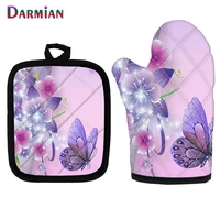 darmian beautiful butterfly pattern heat resistant microwave oven glove non slip insulated pot pad kitchen tool mitten set of 2