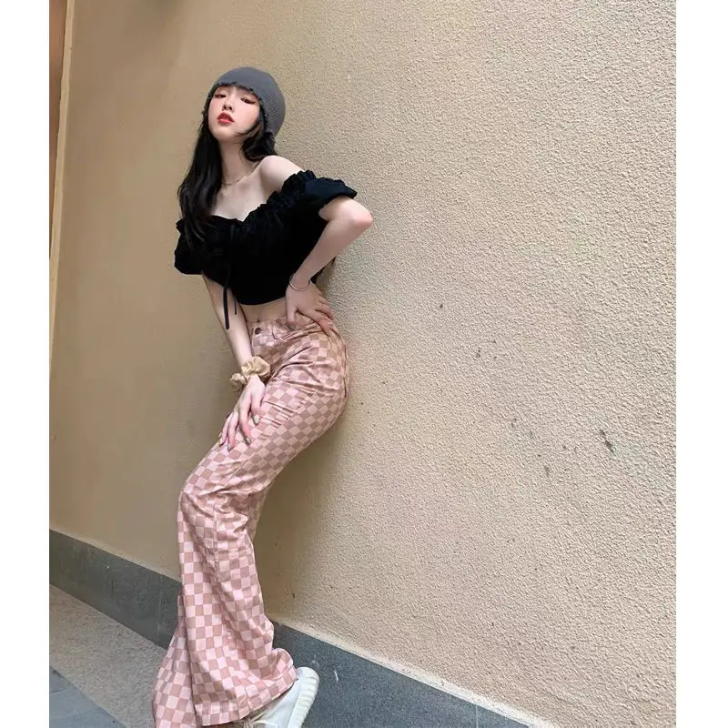 

2021 spring new retro chessboard plaid Korean wind slim high waist micro la ins casual mop pants