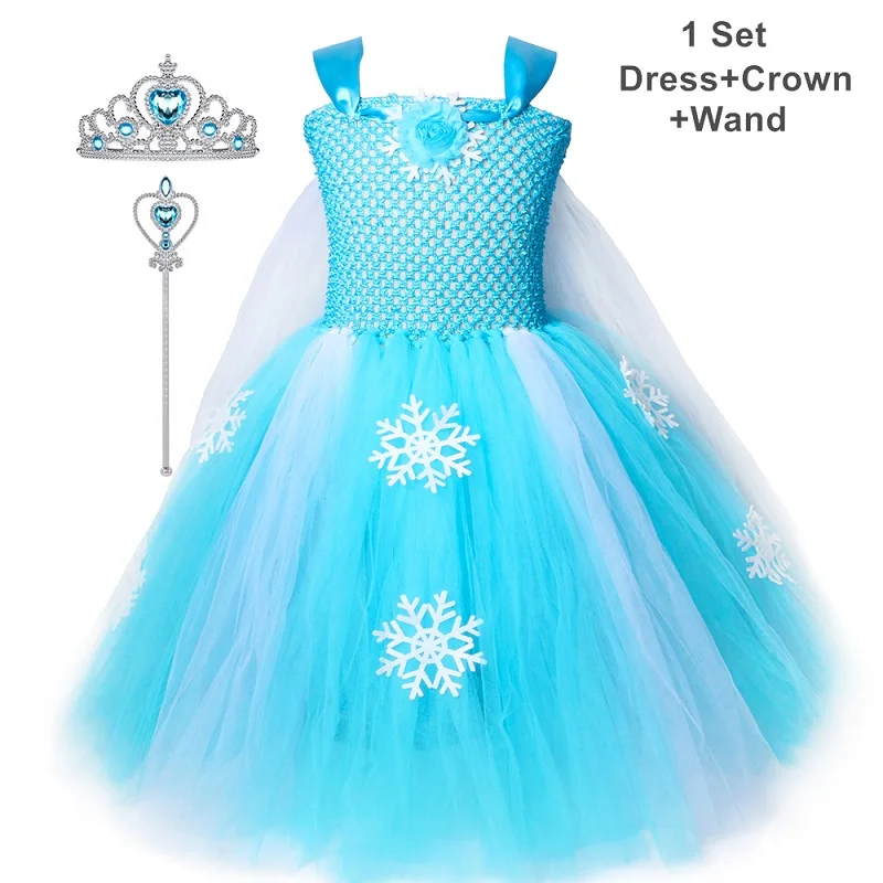 Dress Crown Wand Платье-пачка Эльзы для девочек; детское платье принцессы из тюля со снежинками; костюм Снежной Королевы Эльзы на Хэллоуин; рождественское праздничное платье для девочек - Цвет: Dress Crown Wand