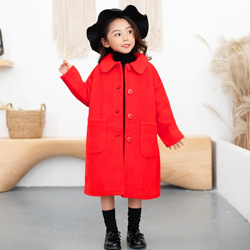 Осенне-зимнее шерстяное пальто для девочек-подростков красного и желтого цвета |