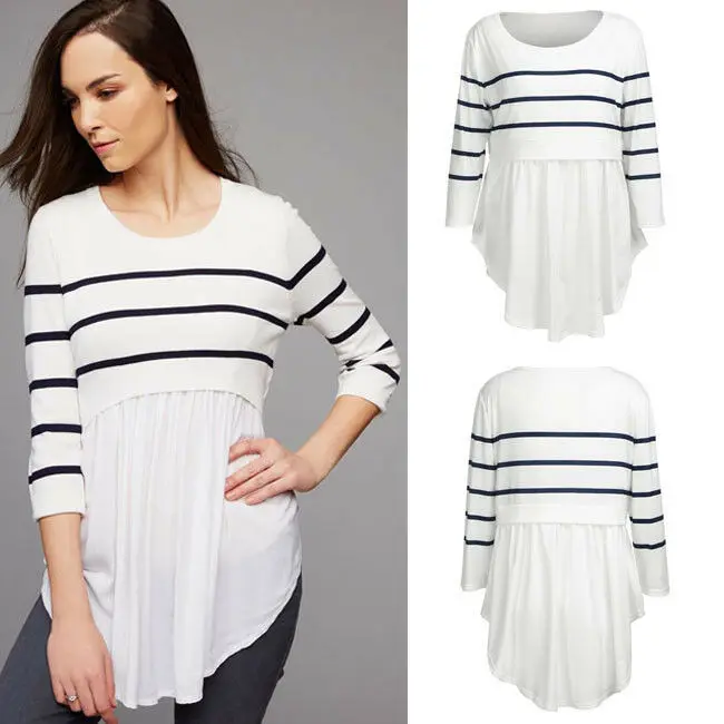 Женская футболка в белую полоску с круглым вырезом и рукавом 3/4 топы для кормящих