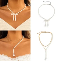 ladies vintage pearl necklace white imitation pearl necklace bowknot coin pendant fashion elegant necklace jewelry