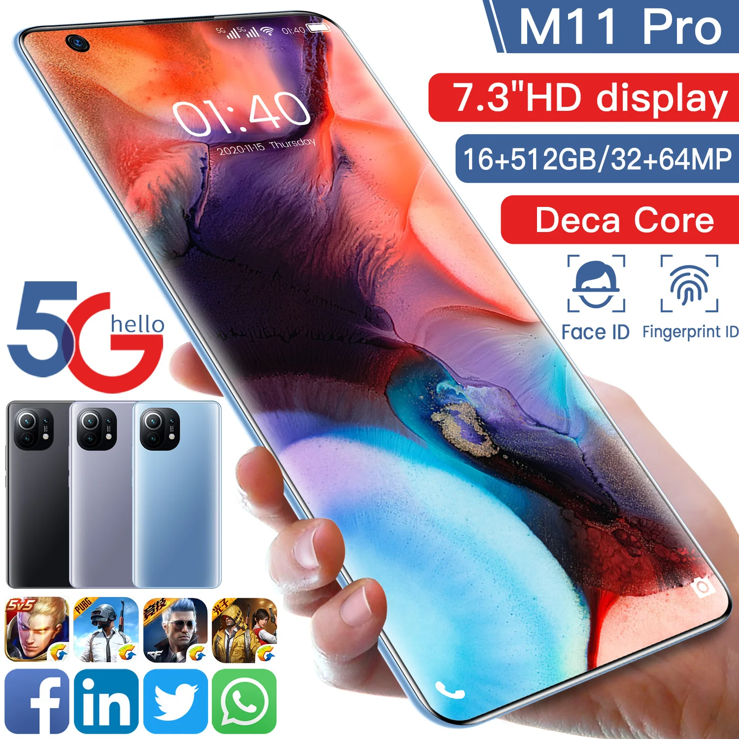 m11 pro 16512gb 32mp64mp 7 3 inch digging screen face fingerprint id cellphones 10 core 6800mah 14403220 4g 5g smart phone free global shipping