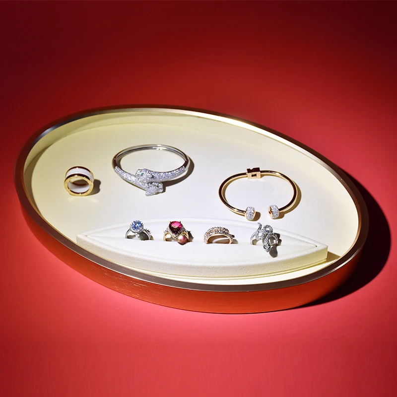 

JINSKY Oval Metal Jewelry Display Plate Micro Fiber Metal Jewelry Trays Storage Organizer Photograph Prop