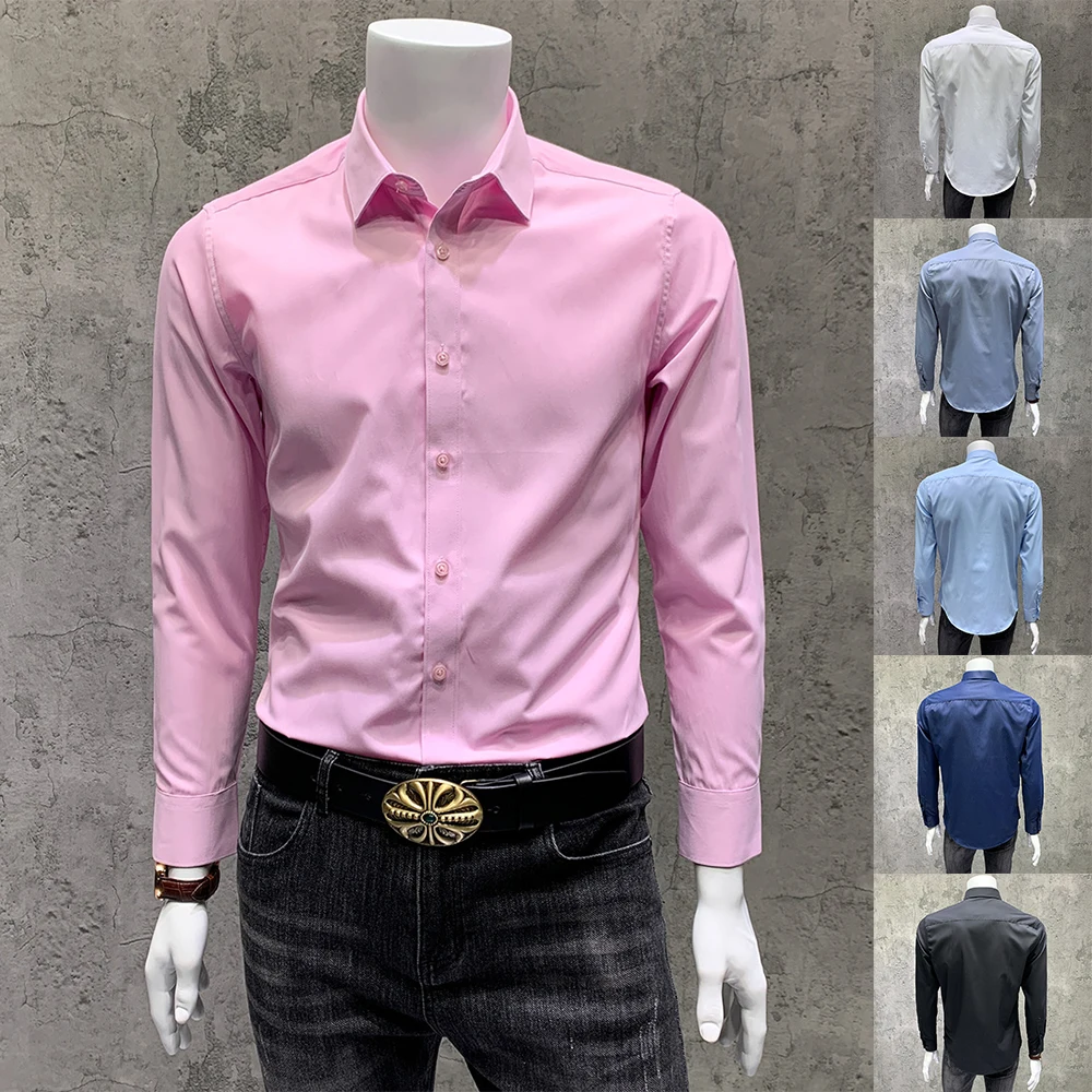 

Классические мужские деловые повседневные рубашки с длинным рукавом Однотонная приталенная рубашка с отворотом офисная рубашка