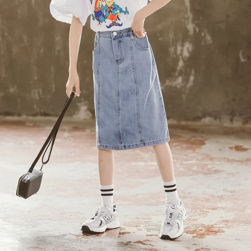 

Summer Girl Blue Denim Skirt 2021Kids Midi Long Skirt Loose Casual A-Line Jeans Skirts Child Button Front Denim Skirt