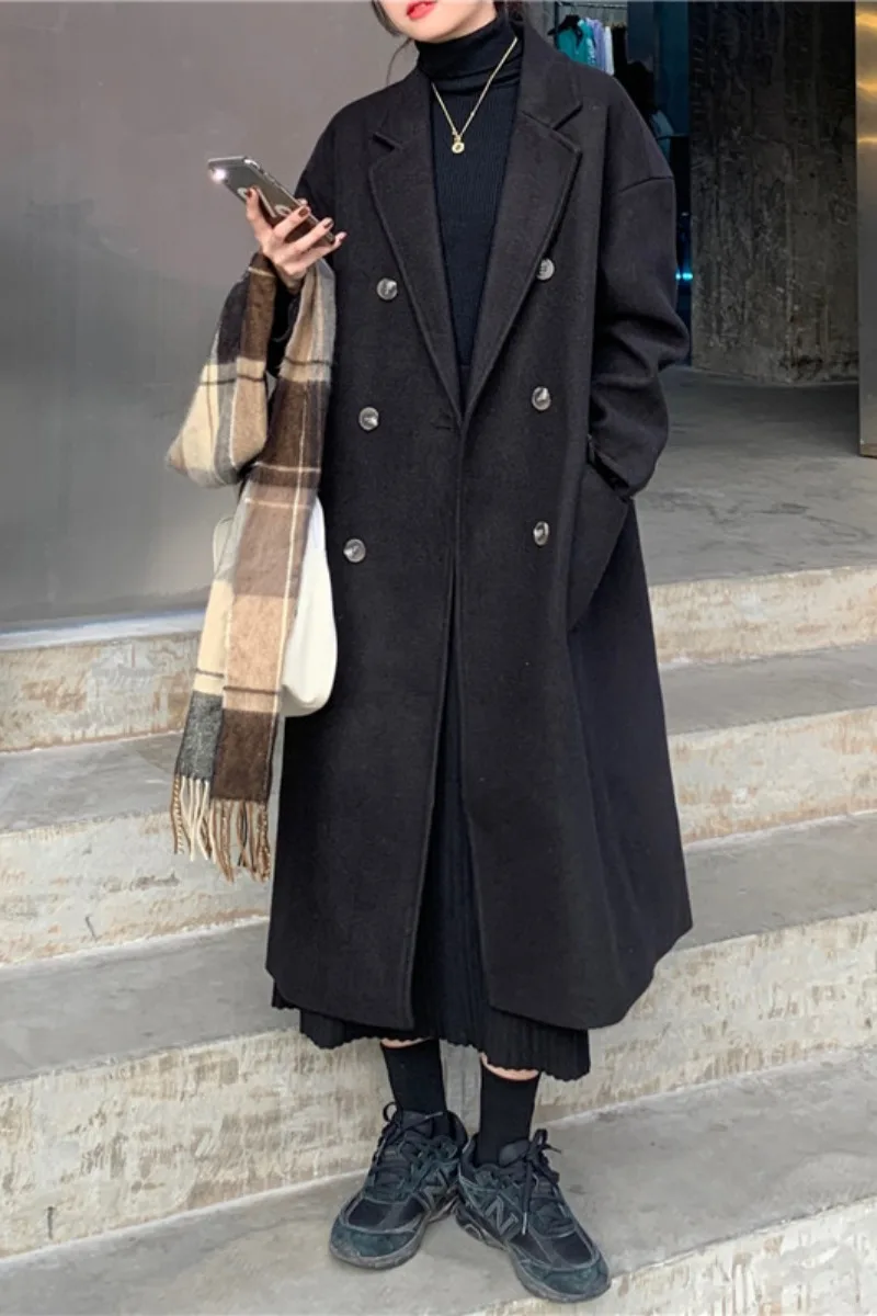 

Black Woolen Coat For Women's Fall / Winter 2020 New Hepburn Style Loose Warm And Cotton Thickened Long Sleeve Woolen Coat