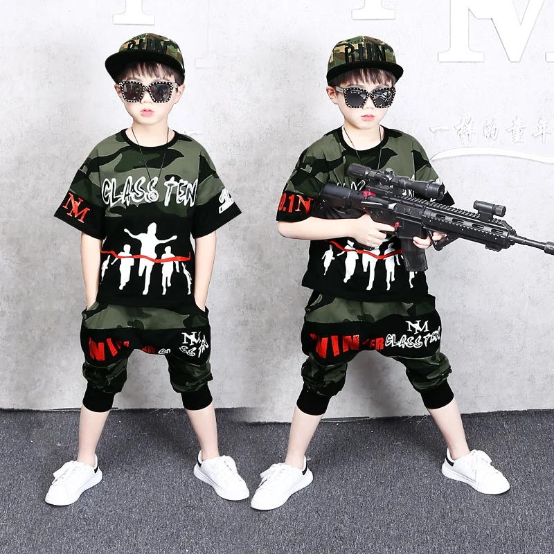 2022 Summer Kids Clothes Boy Children Sets Camouflage Baby hip hop Sport Suit Teenager short t  shirt + pant 4 6 8 9 10 12 Years